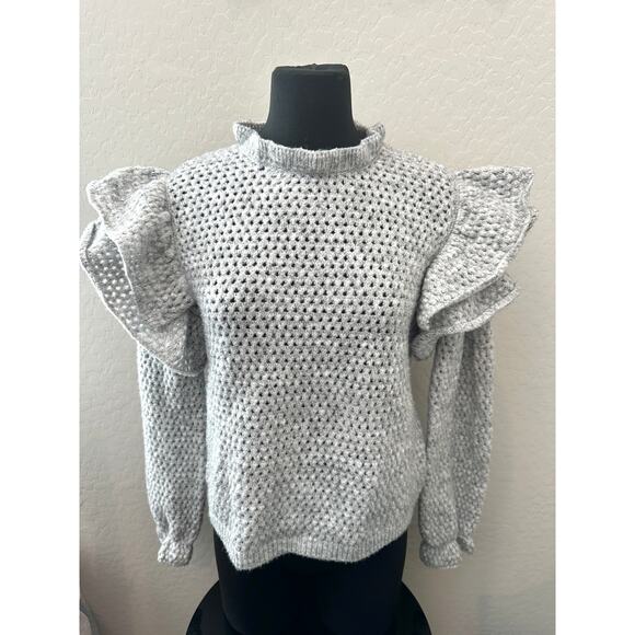 ANTHROPOLOGIE | Broadway 38 Gray Ruffle Shoulder Textured Knit Sweater | Large - Picture 2 of 6